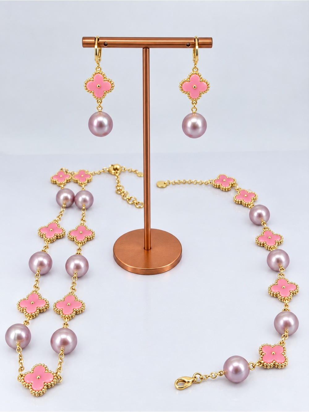 New! REAL FRESHWATER Pink Pearl Clover Necklace Set - Gold Tone